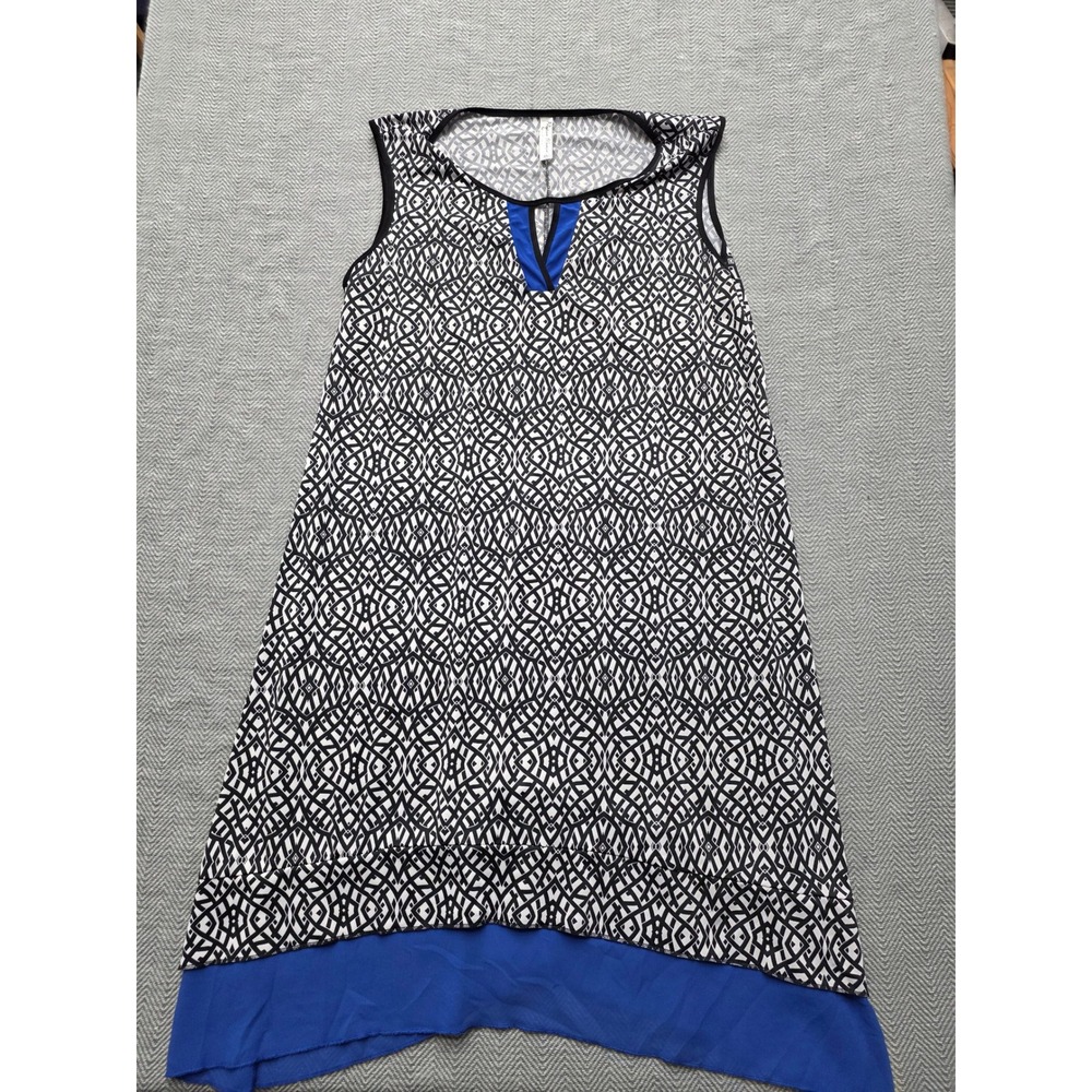 PerSeption Women 1X Tunic Top Black White Geometric Blue Chiffon High Low Hem